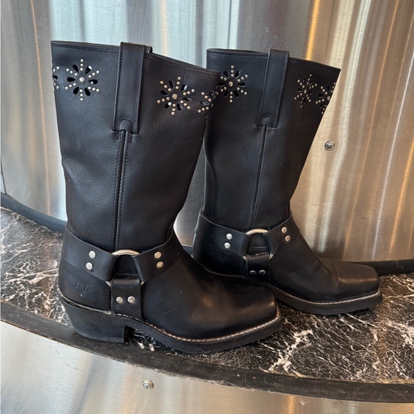 Frye Shoes - Frye Black Leather Harness Boots Studded Cutout Moto Western Women’s Sz 8